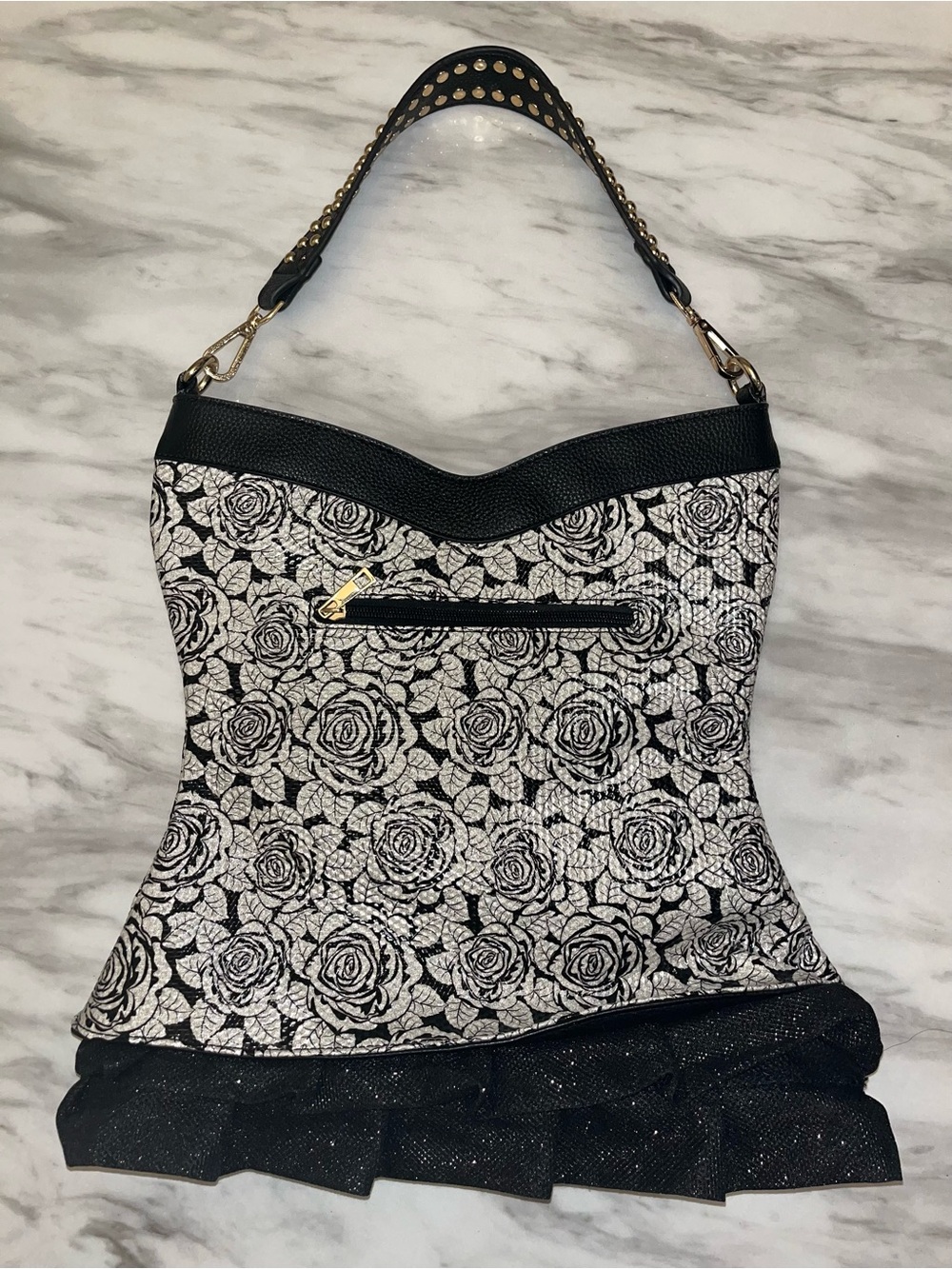 Black & White Rose Studded Corset-Style Shoulder Bag - Picture 2 of 13